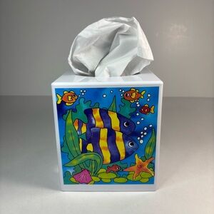 Colorful Fish Design Tissue Box Cover vtg made in USA